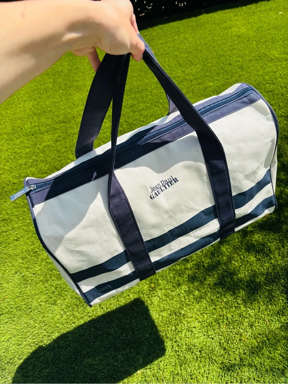 Jean Paul Gaultier White and Navy Striped Canvas Duffel